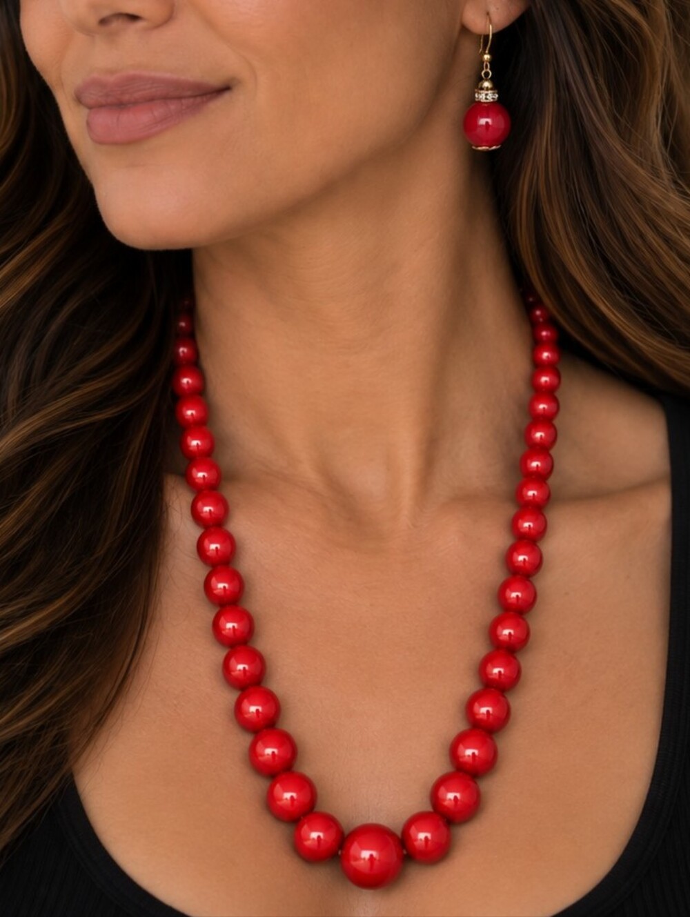 💎Red Beaded Necklace & Drop Earrings Set Gold Tone Statement Jewelry VGUC